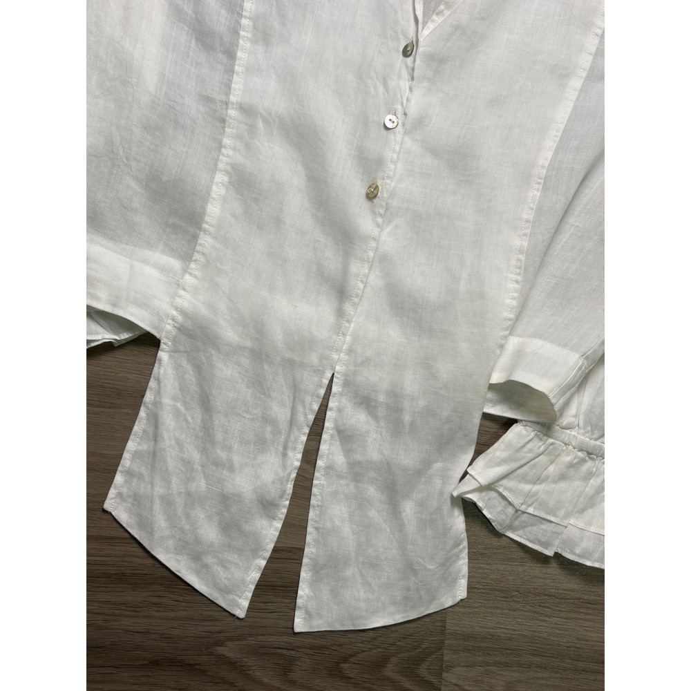Zara White Ramie Tie Front Crop Blouse Ruffle Cuff Long Sleeve L Boho Feminine - Picture 9 of 13